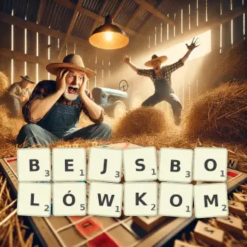 Kreatywna ilustracja do gry w Scrabble ze słowem BEJSBOLÓWKOM ułożonym z płytek na planszy.