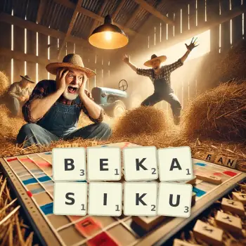 Kreatywna ilustracja do gry w Scrabble ze słowem BEKASIKU ułożonym z płytek na planszy.