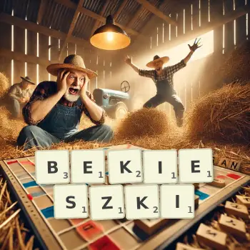 Kreatywna ilustracja do gry w Scrabble ze słowem BEKIESZKI ułożonym z płytek na planszy.