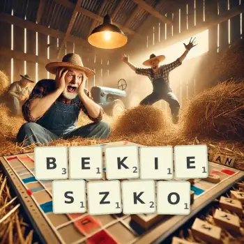 Kreatywna ilustracja do gry w Scrabble ze słowem BEKIESZKO ułożonym z płytek na planszy.