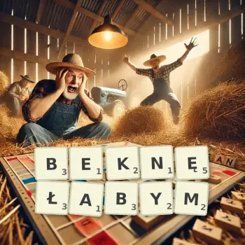 Kreatywna ilustracja do gry w Scrabble ze słowem BEKNĘŁABYM ułożonym z płytek na planszy.