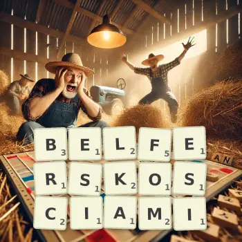 Kreatywna ilustracja do gry w Scrabble ze słowem BELFERSKOSCIAMI ułożonym z płytek na planszy.