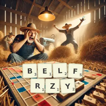 Kreatywna ilustracja do gry w Scrabble ze słowem BELFRZY ułożonym z płytek na planszy.