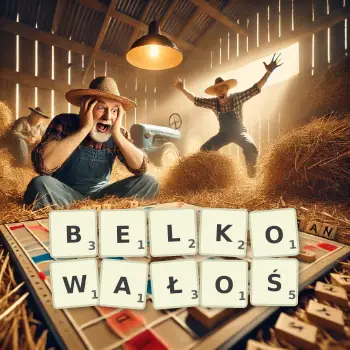 Kreatywna ilustracja do gry w Scrabble ze słowem BELKOWAŁOŚ ułożonym z płytek na planszy.