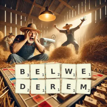 Kreatywna ilustracja do gry w Scrabble ze słowem BELWEDEREM ułożonym z płytek na planszy.