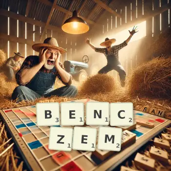 Kreatywna ilustracja do gry w Scrabble ze słowem BENCZEM ułożonym z płytek na planszy.