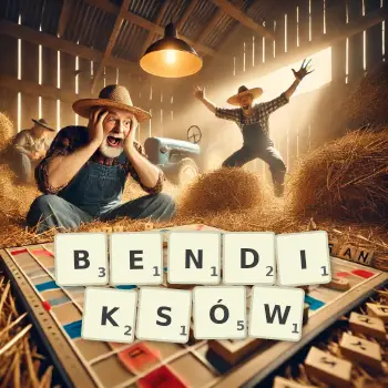 Kreatywna ilustracja do gry w Scrabble ze słowem BENDIKSÓW ułożonym z płytek na planszy.