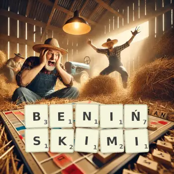 Kreatywna ilustracja do gry w Scrabble ze słowem BENIŃSKIMI ułożonym z płytek na planszy.