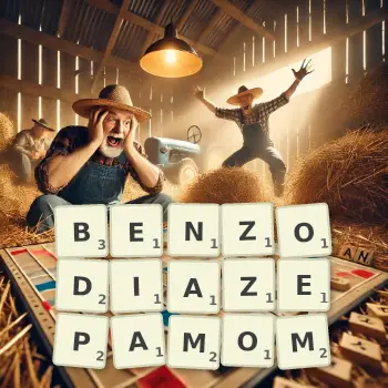 Kreatywna ilustracja do gry w Scrabble ze słowem BENZODIAZEPAMOM ułożonym z płytek na planszy.