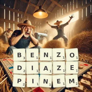Kreatywna ilustracja do gry w Scrabble ze słowem BENZODIAZEPINEM ułożonym z płytek na planszy.