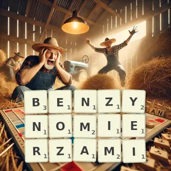 Kreatywna ilustracja do gry w Scrabble ze słowem BENZYNOMIERZAMI ułożonym z płytek na planszy.