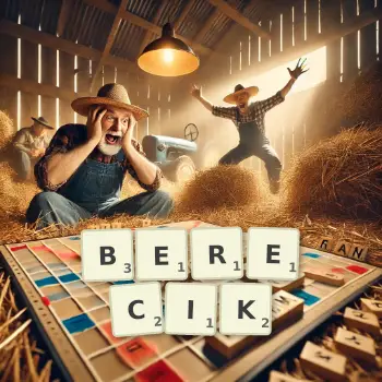 Kreatywna ilustracja do gry w Scrabble ze słowem BERECIK ułożonym z płytek na planszy.
