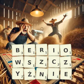 Kreatywna ilustracja do gry w Scrabble ze słowem BERIOWSZCZYŹNIE ułożonym z płytek na planszy.