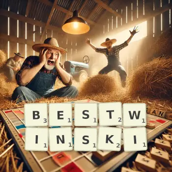 Kreatywna ilustracja do gry w Scrabble ze słowem BESTWINSKI ułożonym z płytek na planszy.