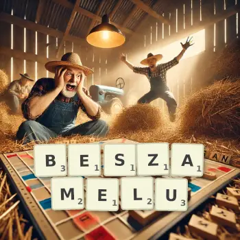 Kreatywna ilustracja do gry w Scrabble ze słowem BESZAMELU ułożonym z płytek na planszy.