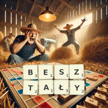 Kreatywna ilustracja do gry w Scrabble ze słowem BESZTAŁY ułożonym z płytek na planszy.