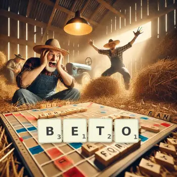 Kreatywna ilustracja do gry w Scrabble ze słowem BETO ułożonym z płytek na planszy.