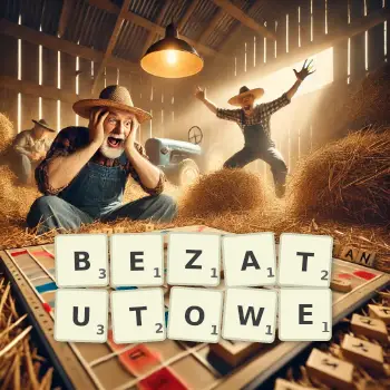Kreatywna ilustracja do gry w Scrabble ze słowem BEZATUTOWE ułożonym z płytek na planszy.