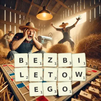 Kreatywna ilustracja do gry w Scrabble ze słowem BEZBILETOWEGO ułożonym z płytek na planszy.