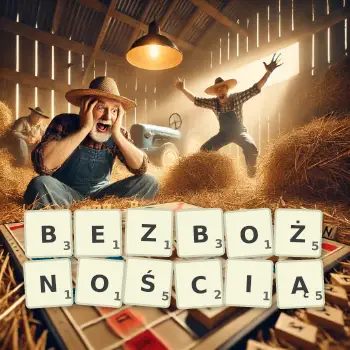Kreatywna ilustracja do gry w Scrabble ze słowem BEZBOŻNOŚCIĄ ułożonym z płytek na planszy.