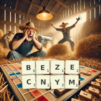 Kreatywna ilustracja do gry w Scrabble ze słowem BEZECNYM ułożonym z płytek na planszy.