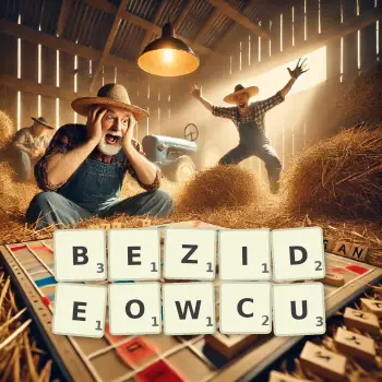 Kreatywna ilustracja do gry w Scrabble ze słowem BEZIDEOWCU ułożonym z płytek na planszy.