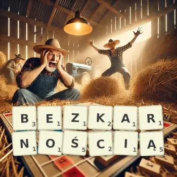 Kreatywna ilustracja do gry w Scrabble ze słowem BEZKARNOŚCIĄ ułożonym z płytek na planszy.