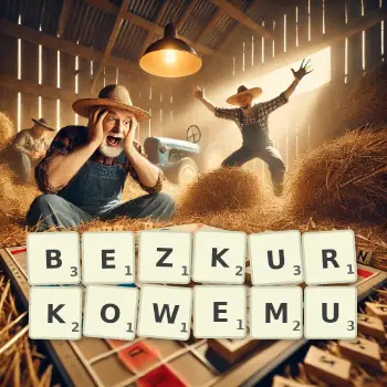 Kreatywna ilustracja do gry w Scrabble ze słowem BEZKURKOWEMU ułożonym z płytek na planszy.