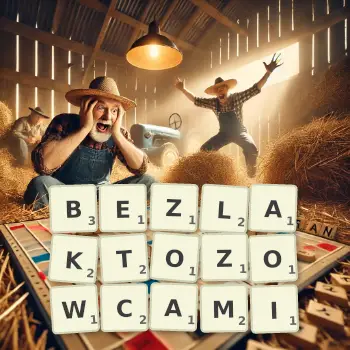 Kreatywna ilustracja do gry w Scrabble ze słowem BEZLAKTOZOWCAMI ułożonym z płytek na planszy.