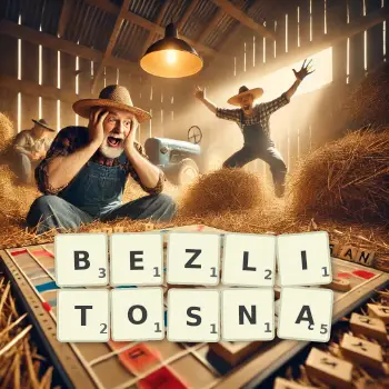 Kreatywna ilustracja do gry w Scrabble ze słowem BEZLITOSNĄ ułożonym z płytek na planszy.