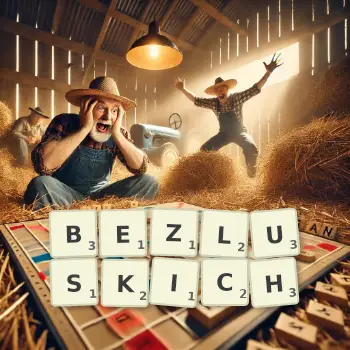 Kreatywna ilustracja do gry w Scrabble ze słowem BEZLUSKICH ułożonym z płytek na planszy.