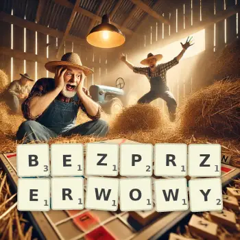 Kreatywna ilustracja do gry w Scrabble ze słowem BEZPRZERWOWY ułożonym z płytek na planszy.