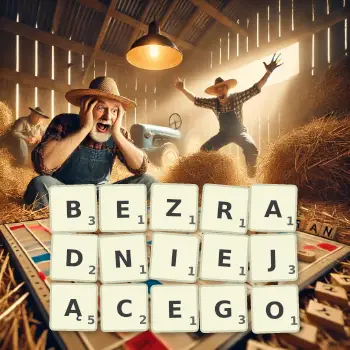 Kreatywna ilustracja do gry w Scrabble ze słowem BEZRADNIEJĄCEGO ułożonym z płytek na planszy.