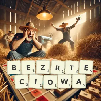Kreatywna ilustracja do gry w Scrabble ze słowem BEZRTĘCIOWĄ ułożonym z płytek na planszy.
