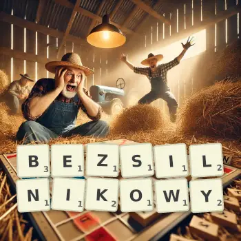 Kreatywna ilustracja do gry w Scrabble ze słowem BEZSILNIKOWY ułożonym z płytek na planszy.