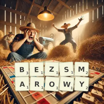 Kreatywna ilustracja do gry w Scrabble ze słowem BEZSMAROWY ułożonym z płytek na planszy.
