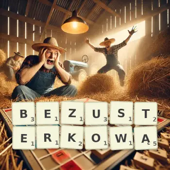 Kreatywna ilustracja do gry w Scrabble ze słowem BEZUSTERKOWĄ ułożonym z płytek na planszy.