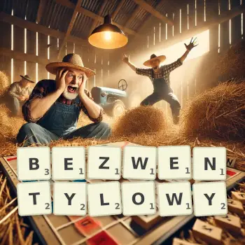 Kreatywna ilustracja do gry w Scrabble ze słowem BEZWENTYLOWY ułożonym z płytek na planszy.