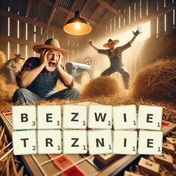 Kreatywna ilustracja do gry w Scrabble ze słowem BEZWIETRZNIE ułożonym z płytek na planszy.