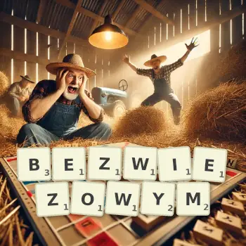 Kreatywna ilustracja do gry w Scrabble ze słowem BEZWIEZOWYM ułożonym z płytek na planszy.