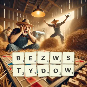 Kreatywna ilustracja do gry w Scrabble ze słowem BEZWSTYDOW ułożonym z płytek na planszy.