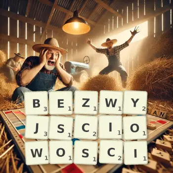 Kreatywna ilustracja do gry w Scrabble ze słowem BEZWYJSCIOWOSCI ułożonym z płytek na planszy.