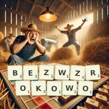 Kreatywna ilustracja do gry w Scrabble ze słowem BEZWZROKOWO ułożonym z płytek na planszy.