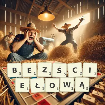 Kreatywna ilustracja do gry w Scrabble ze słowem BEZŚCIEŁOWĄ ułożonym z płytek na planszy.