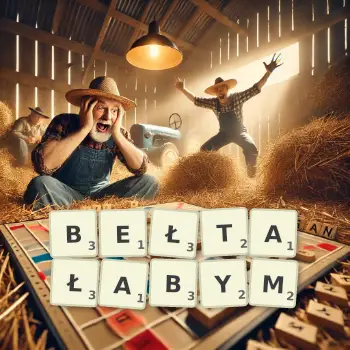 Kreatywna ilustracja do gry w Scrabble ze słowem BEŁTAŁABYM ułożonym z płytek na planszy.