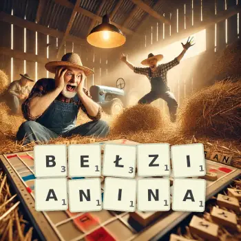 Kreatywna ilustracja do gry w Scrabble ze słowem BEŁZIANINA ułożonym z płytek na planszy.