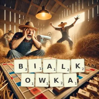 Kreatywna ilustracja do gry w Scrabble ze słowem BIALKOWKA ułożonym z płytek na planszy.