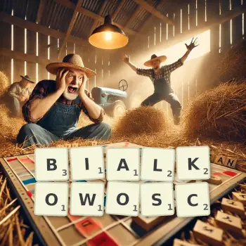 Kreatywna ilustracja do gry w Scrabble ze słowem BIALKOWOSC ułożonym z płytek na planszy.