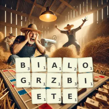 Kreatywna ilustracja do gry w Scrabble ze słowem BIALOGRZBIETE ułożonym z płytek na planszy.