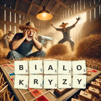 Kreatywna ilustracja do gry w Scrabble ze słowem BIALOKRYZY ułożonym z płytek na planszy.